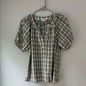 LOFT Sage Green Plaid Puff/Balloon Sleeve  Cottage Style V-neck Blouse SPRING